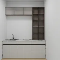 Modern kitchen with white cabinets marble countertop black faucet dark wood shelves and clean style
