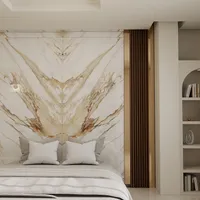 Modern bedroom with marble wall panel white pillows wooden slats and an arched white shelf