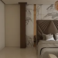 Luxury bedroom interior showing marble wall panel brown headboard grey bedding and gold light fixture