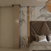 Close up bedroom view showing marble wall panel wooden pillar brown headboard and ceiling light