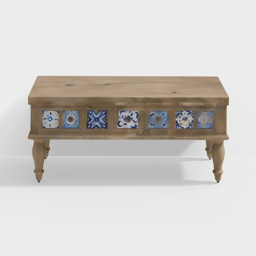 Vintage Style Coffee Table 3D Model – Wooden & Ceramic