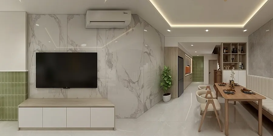 Modern living room featuring marble wall, television, cabinet, wooden dining table, chairs, and green plant