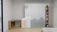 Modern children room with wooden desk, mountain pattern cabinet, bookshelf, and light wood flooring design