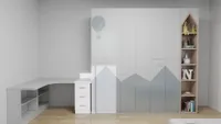 Kids bedroom furniture set including a mountain themed white wardrobe, corner desk and open bookshelf