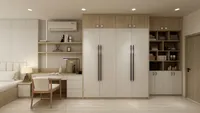 Modern bedroom with light wood wardrobe, study desk, chair, wall panel, and soft light fixtures