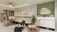Interior design with wooden dining table white bench seat green tiles and a rocking chair