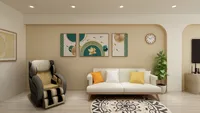 Cozy living area featuring white sofa, yellow cushions, massage chair, wall art, clock, and rug