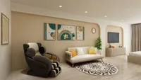 Living room with massage chair white sofa patterned rug wall art and wooden storage cabinet