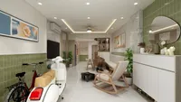 Modern living room with white scooter red bicycle green wall tiles and wooden rocking chair