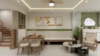 Dining area with long bench wood table chairs wall art coffee table and ceiling fan