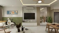 Living room interior design with white scooter marble wall television wooden table and green tiles