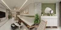 Living room featuring white bench seating green wall tiles coffee table and white storage cabinet