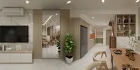 Dining room with wooden table white chairs refrigerator large mirror wall and marble wall television
