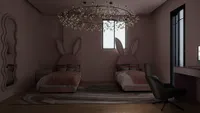 Pink kids bedroom with twin rabbit ear beds, large round ceiling light, desk, chair, and rug