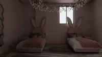 Pink kids bedroom featuring two beds with rabbit ear headboards and decorative branch ceiling light