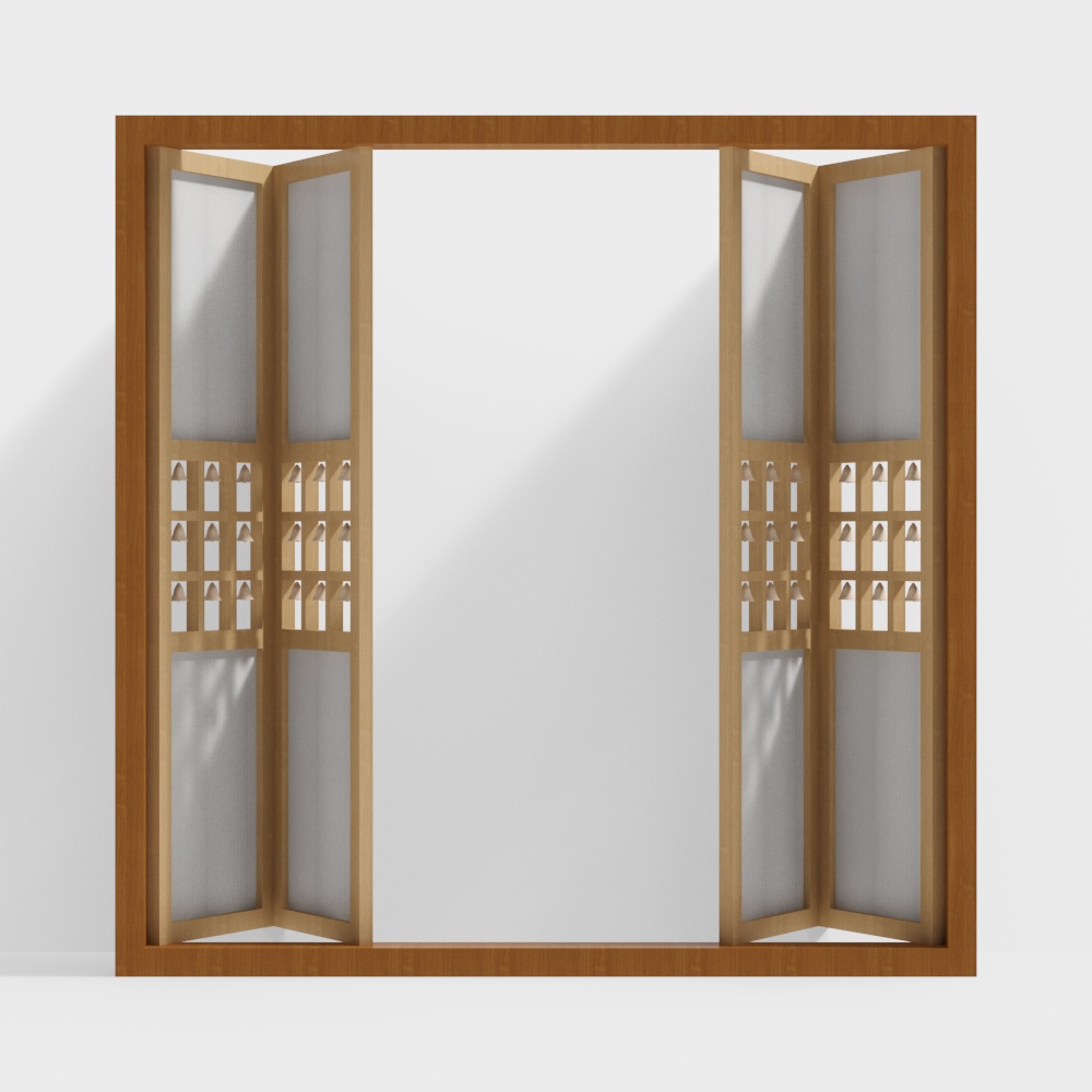 Elegant Wooden Screen 3D Model – Eastern Design Wood & Glass