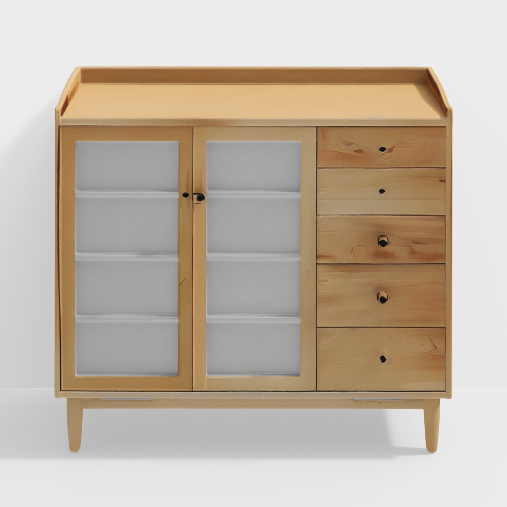Mid-Century Cabinet 3D Model – Wood and Glass Design