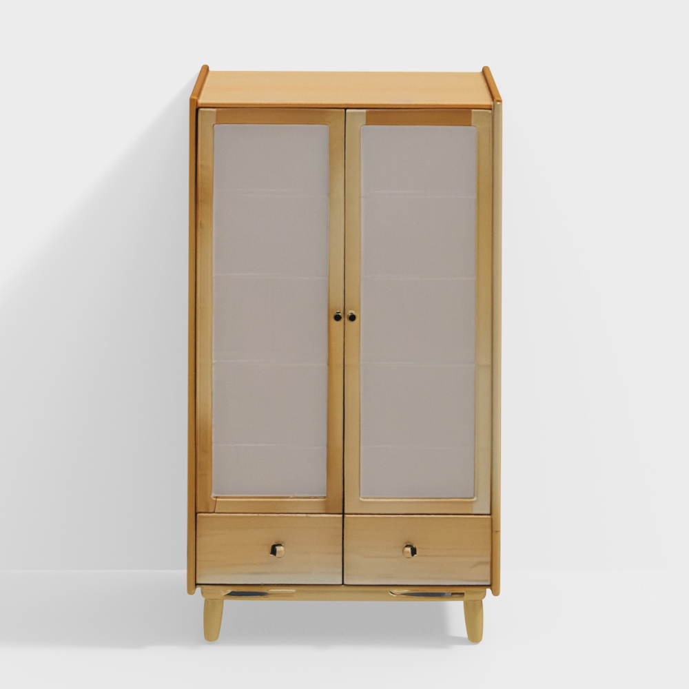 Elegant Minimalist Storage Cabinet 3D Model – Light Wood & Frosted Glass