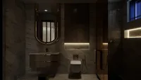 Dark modern bathroom with marble walls wooden cabinet gold mirror and glowing warm led light