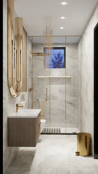 Modern bathroom featuring wood vanity cabinet gold bin marble walls and glass door walk-in shower