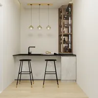 Modern home bar featuring black stools, marble wall, three ceiling lights, and glass storage cabinet