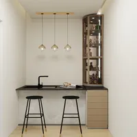 Modern home bar area with black stools marble counter sink glass cabinet and three lights