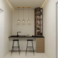 Modern home bar with black counter stools sink three ceiling lights and glass storage cabinet