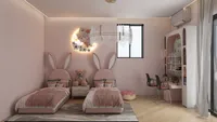 Pink girls bedroom featuring twin bunny shaped beds teddy bear desk and decorative ceiling light