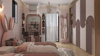 Pink girls bedroom featuring rabbit headboard bed desk with chairs wavy wardrobe and ceiling light