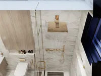 Modern bathroom interior design drawing showing a gold shower head white toilet and marble tiles