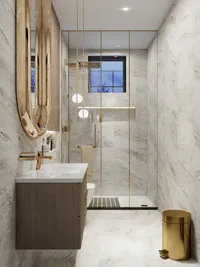 Modern bathroom with marble walls wooden cabinet white sink gold mirror and glass shower stall