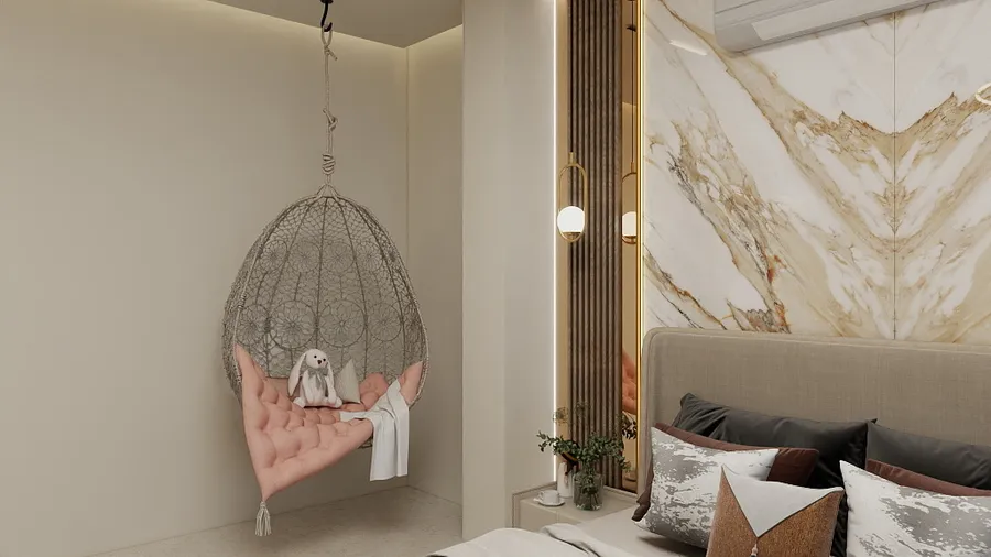 Elegant bedroom featuring a marble wall panel wall light comfortable bed and a hanging chair