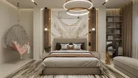 Modern bedroom design with marble wall hanging chair round ceiling light bed rug and shelf