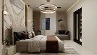 Large bedroom with white bed, grey sofa, circular ceiling light, marble wall, and long curtains