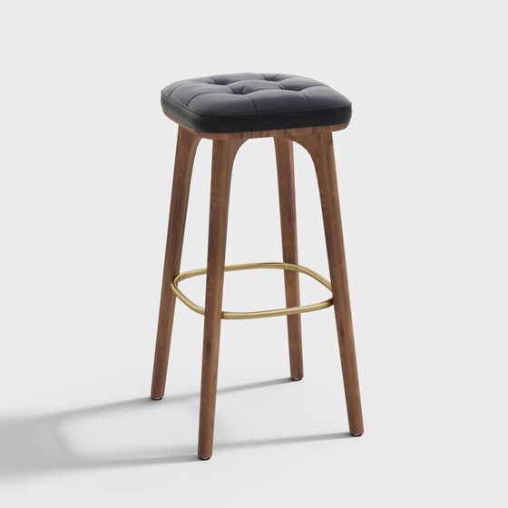 Mid-Century Bar Stool 3D model with Walnut Wood and Leather