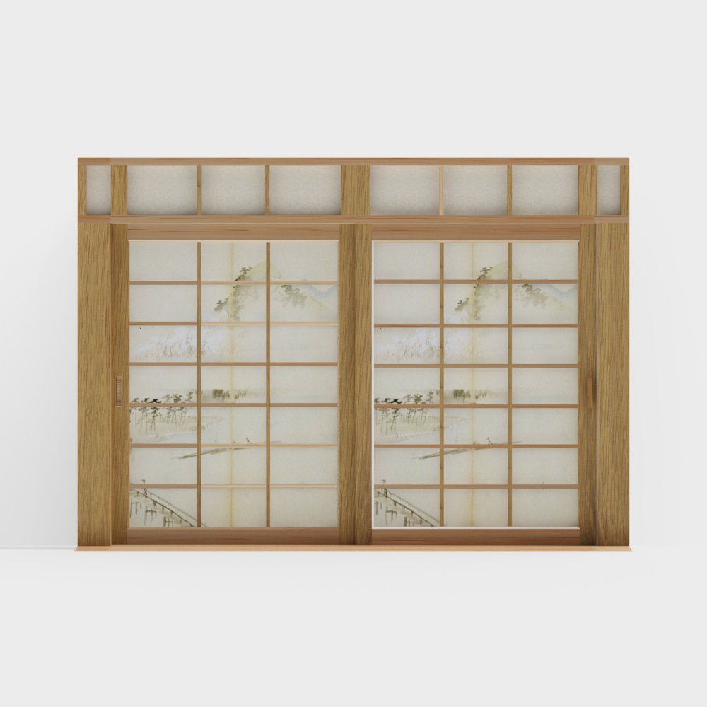 Elegant Shoji Sliding Door 3D Model – Traditional Wood Design