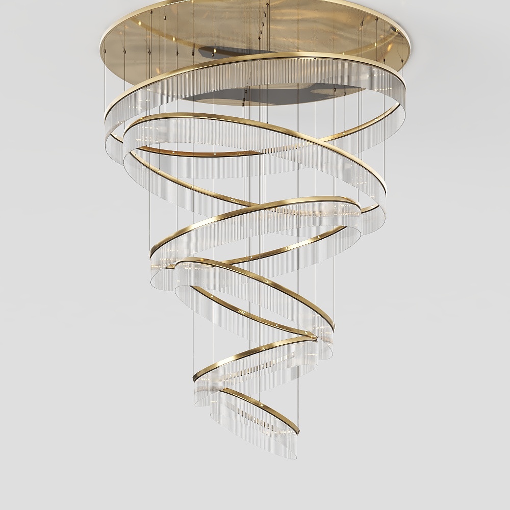 Elegant Spiral Chandelier 3D Model – Golden Metal & Glass