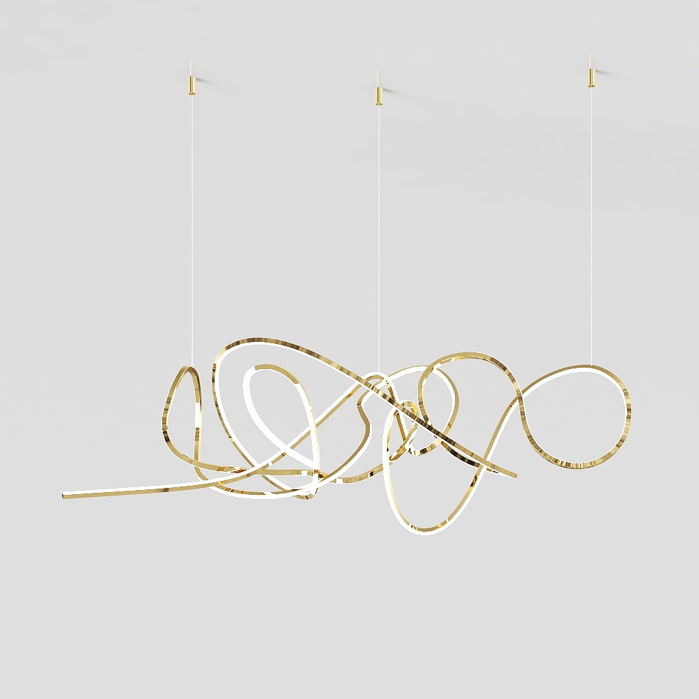 Elegant Flowing Chandelier 3D Model – Gold Metallic Design