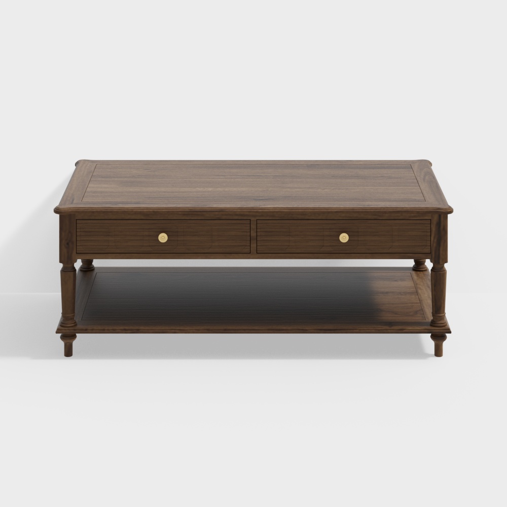 Wooden Coffee Table 3D Model – Rustic Design with Drawers