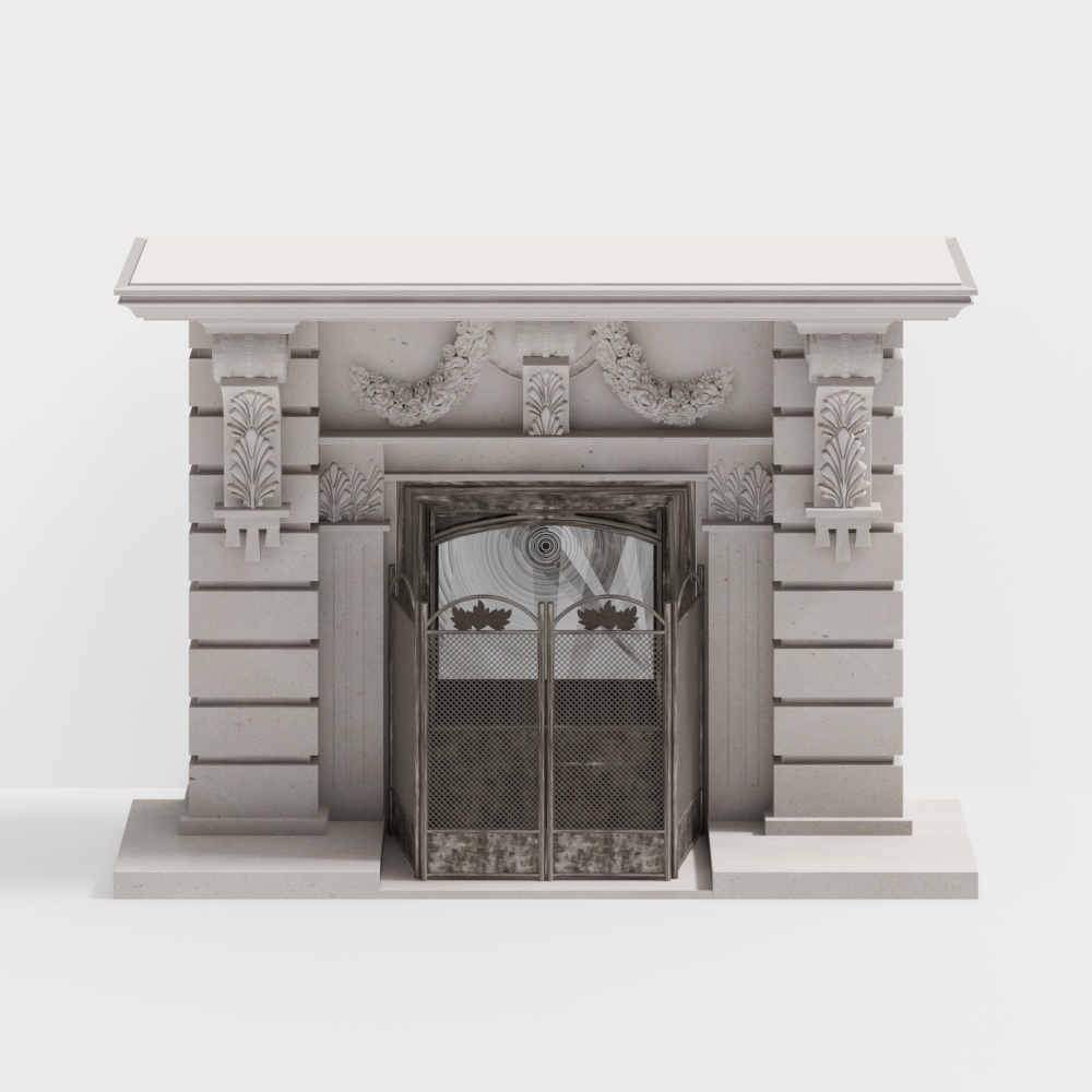 Classic Portico 3D Model – Stone Columns & Iron Railings
