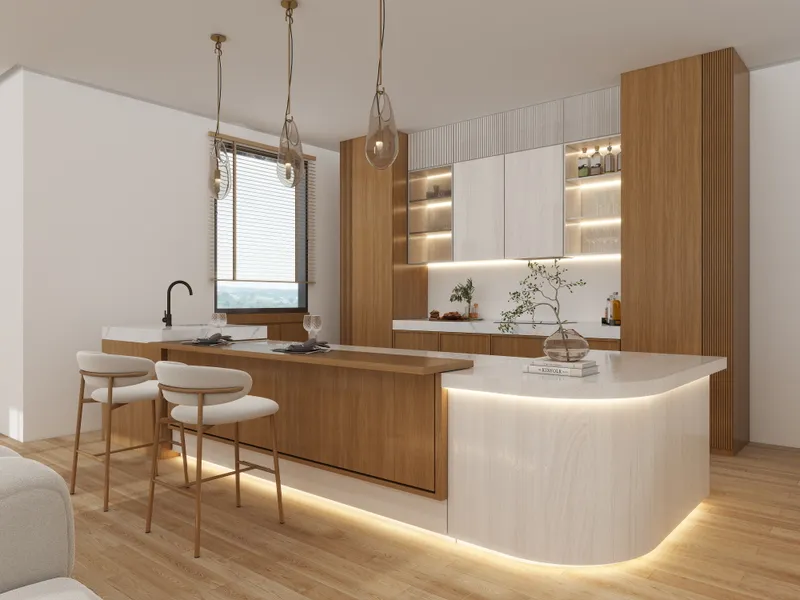 Modern kitchen featuring wooden cabinets, marble island, two white stools, ceiling lights, and window blinds