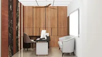 Home office interior design with wooden wall desk computer chair white sofa and ceiling fan