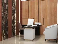 Modern home office with wooden wall panels black desk white computer chair and white sofa