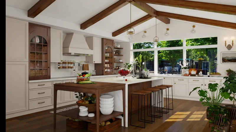 Spacious kitchen featuring white cabinets wood beam ceiling large island wooden bar stools and plants