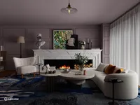 Modern living room with purple walls marble fireplace curved white sofa and blue patterned rug
