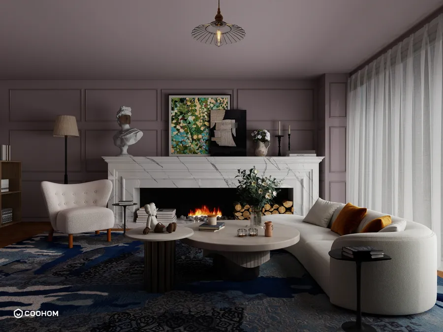 Modern living room with purple walls marble fireplace curved white sofa and blue patterned rug