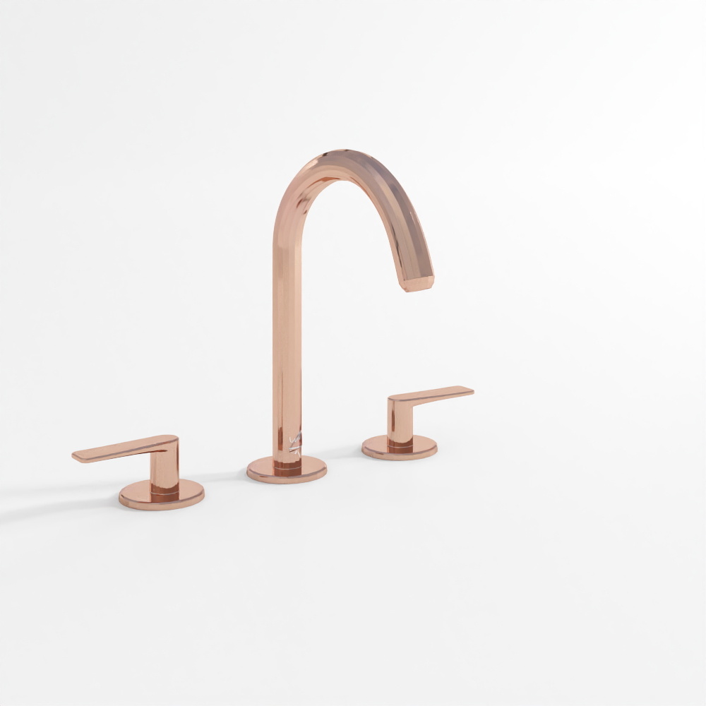 Mitigeur Lavabo 3 Trous avec Bec Tubulaire - Or Rosé PVD
