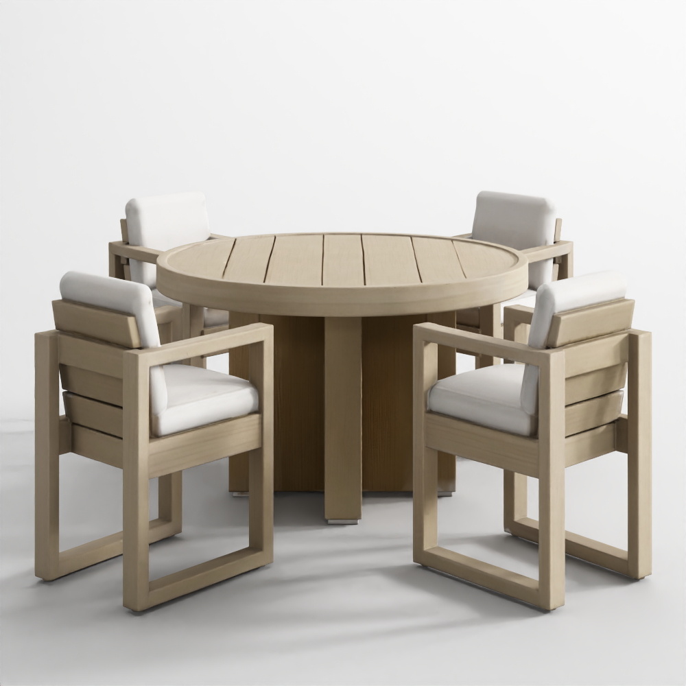 Conjunto de Mesa de Comedor Exterior Mallorca 60 de Madera con Cojines Marfil