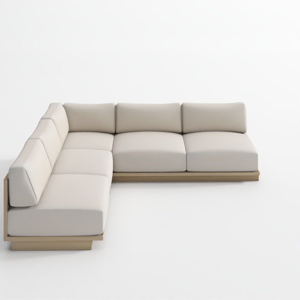 Canapé d'angle extérieur Mallorca 3 pièces en L en bois avec coussins ivoire