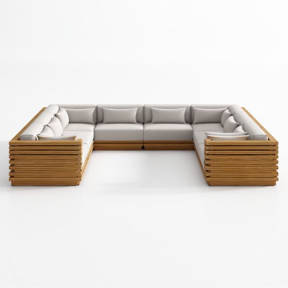 Batten Natural Teak 8-Piece U-Shaped Outdoor Sectional Sofa with Oat Cushions